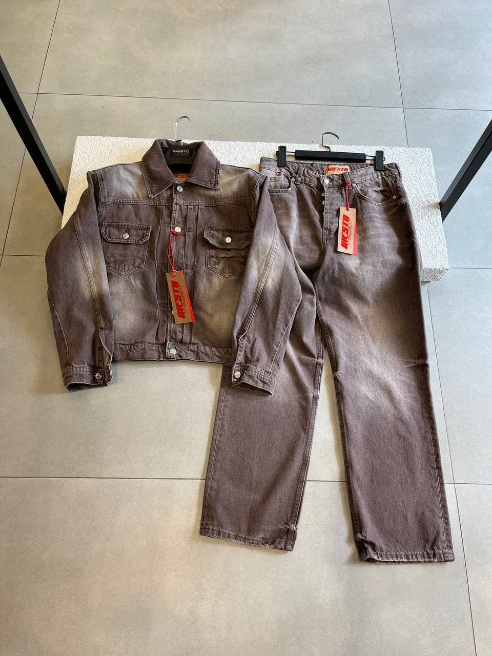 Two-Piece Washed Denim Set Brown