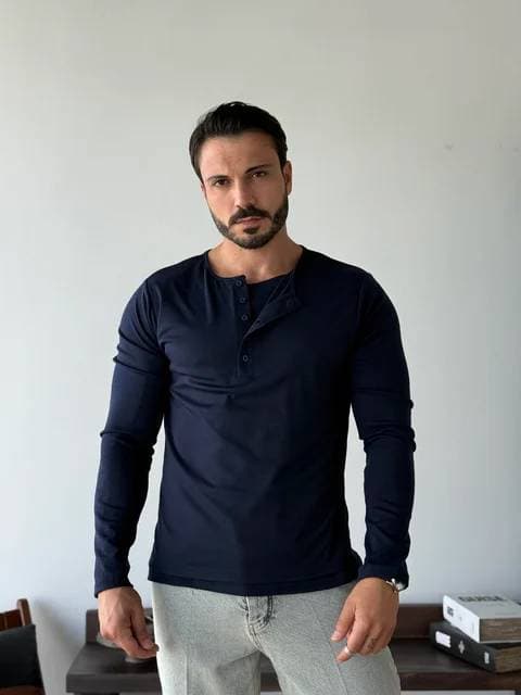 Cotton Henley Shirt Blue