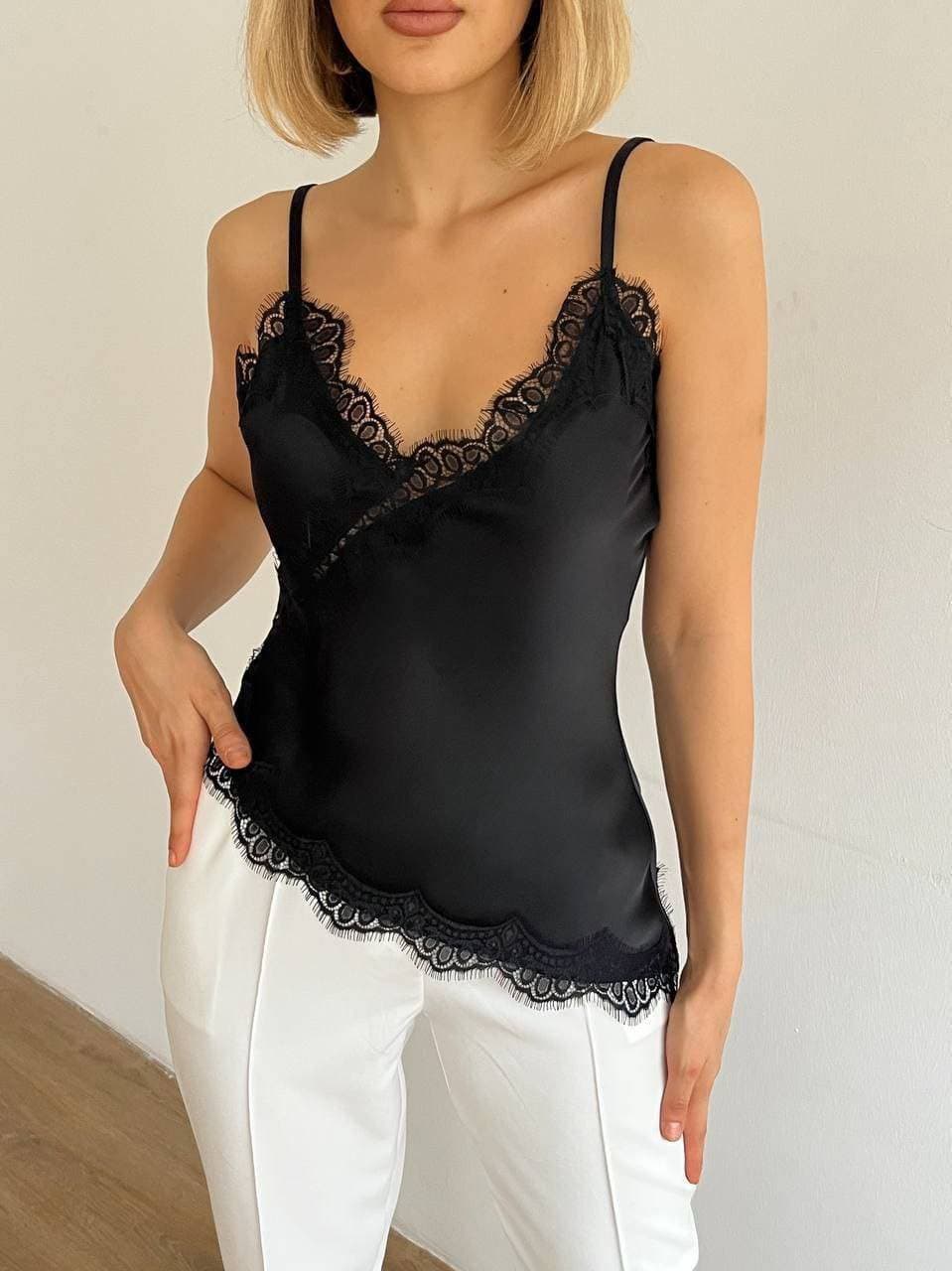Lace V neck satin twist Black