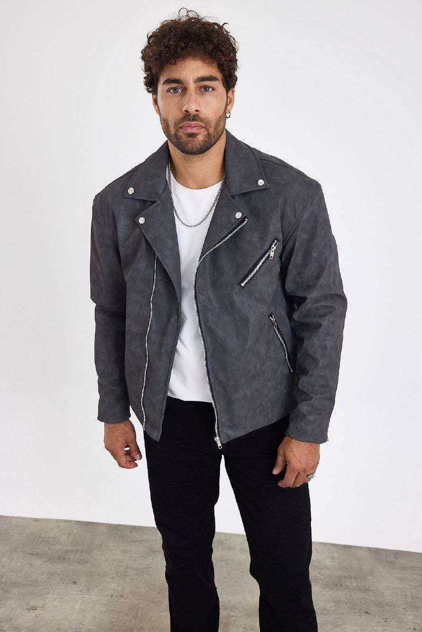 Velvet Padded Leather Jacket Gray