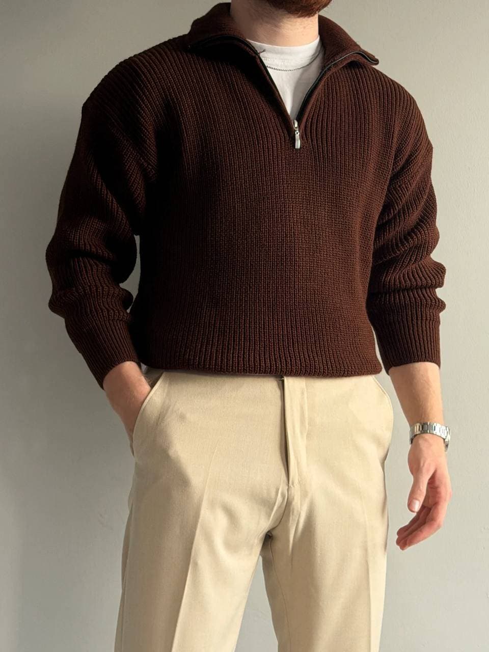 Quarter Zip Jumper Brown