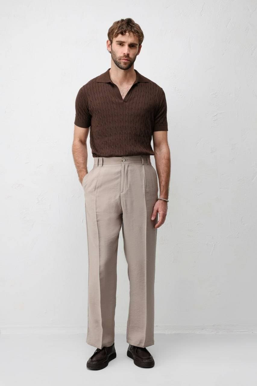 Cable Knit Polo Shirt Brown